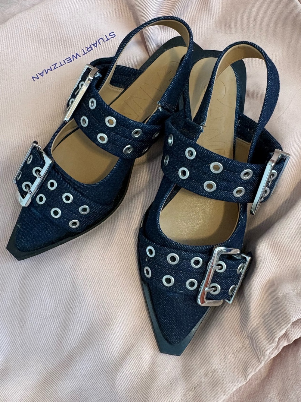 Ganni Navy Denim Pointed Toe Flats with Silver Buckle EU38 USA 7.5